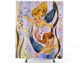 Adorable kitschy vintage inspired mid-century mermaid shower curtain