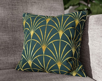 Funda de almohada cuadrada de poliéster hilado verde esmeralda con diseño Art Déco Gold Fan, decoración vintage para el hogar.