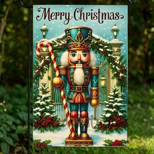 May include: A Christmas garden flag featuring a detailed illustration of a nutcracker soldier holding a candy cane. The flag has the words "Merry Christmas" at the top, with a snowy background and festive decorations.