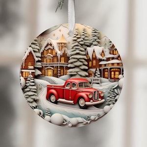 3D Christmas Round Ornaments Sublimation Red Truck Tree Designs Decor Digital Download Ornament PNG Sublimation Template Photo Memorial PNG