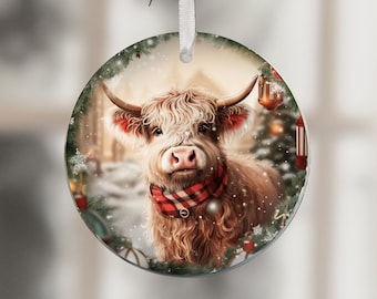 Highland Cow Christmas Ornaments Sublimation Designs Xmas Ornaments PNG Design Round Ornament Clipart Xmas Decorations Instant Download File