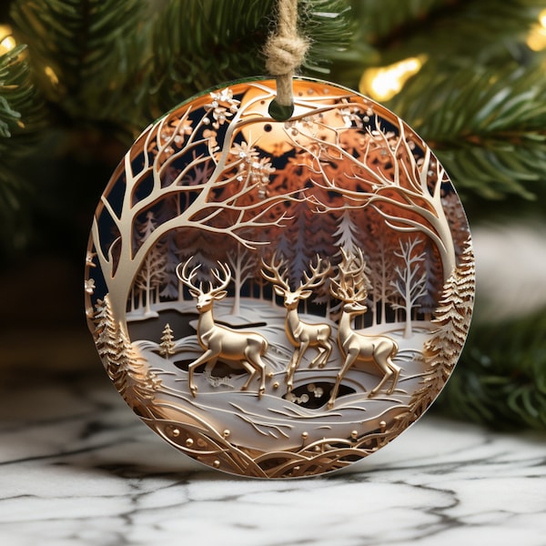 3D Deer Ornament Christmas Sublimation Designs Circle Template Round Clipart Ornaments Decoration PNG Digital Download Reindeer Wreath Sign