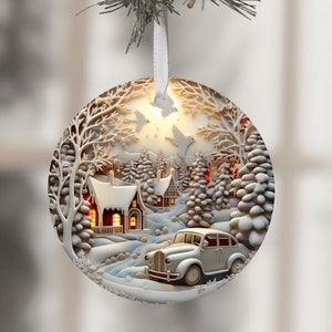 3D Christmas Sublimation Design Ornament PNG Digital Download Xmas Circle Clipart Round Template White Car Winter Scene Decoration File