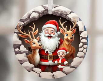 3D Santa Reindeer Break Through the Wall Art Ornaments PNG Christmas Sublimation Designs 2023 Round Ornament PNG Template Digital Download