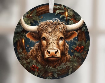 Highland Cow Christmas Ornament PNG, 3D Sublimation Design (Digital Download)