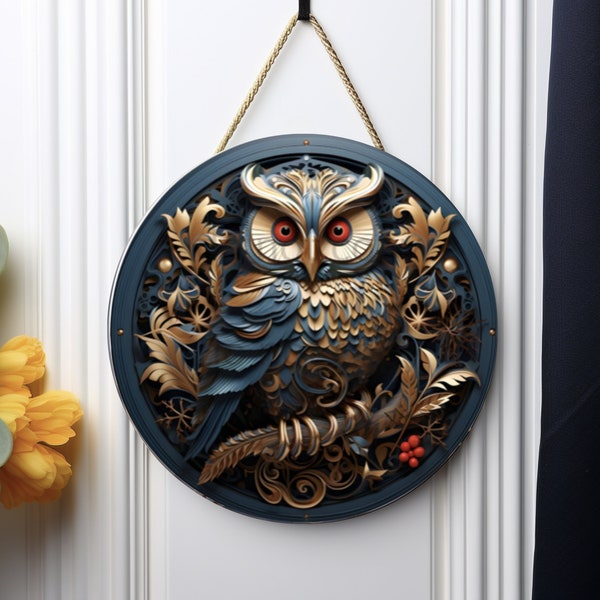 3D Owl Wreath Sign Door Hanger Design PNG Sublimation Design Digital Download ONLY Autumn Template Fall Decoration Round Front Door Clip Art