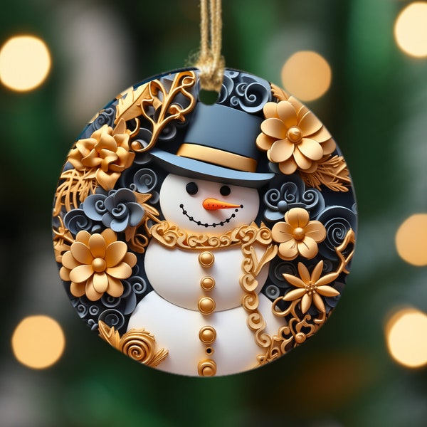 3D Gold Snowman Christmas Ornament Sublimation Designs Christmas Round Ornament PNG Photo Ornaments Circle Template Clipart Digital Download