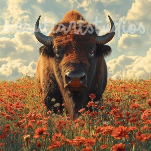 May include: A large brown bison with dark fur stands in a field of red wildflowers. The bison is looking directly at the camera with a serious expression.