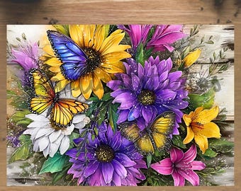 May include: A vibrant floral design featuring sunflowers, purple asters, and pink lilies, with yellow and blue butterflies. The artwork is set against a rustic, weathered wood background. The text "Design ONLY" is at the bottom.