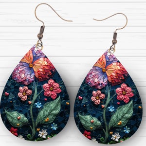 3D Floral Teardrop Earring Sublimation PNG Template Instant Download Diamond Gem Inflated Flower Design Botanical Teardrop Earrings