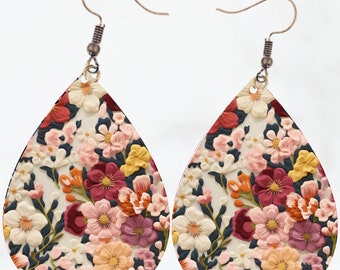 3D lente bloemen Tear Drop Earring PNG borduurwerk sublimatie ontwerp Instant Digitale Download geborduurde bloem natuurliefhebbers PNG