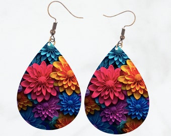 3D Floral Teardrop Earrings PNG, Sublimation Design (Digital Download)