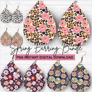 Spring Daisies Leopard Teardrop Earings PNG Bundle Floral Tear Drop Design Flowers Jewellery Digital Download Daisy Sublimation Earring