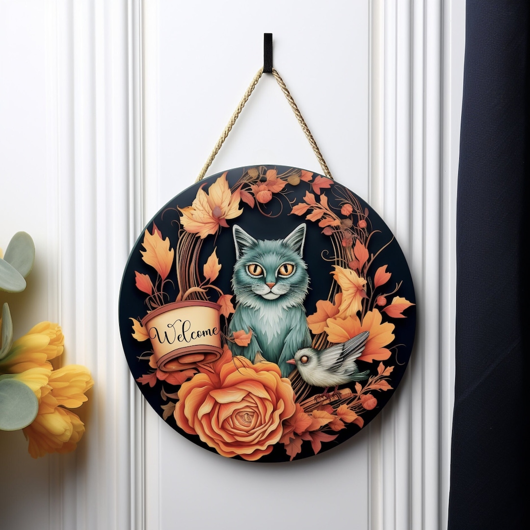 Fall Welcome Door Hanger Wreath Sign Cat Sublimation Design Round ...