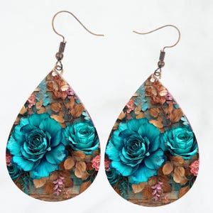 Teal Flowers Tear Drop Earring PNG For Sublimation Download Teardrop Earring Template PNG Floral Earrings File Download 3D