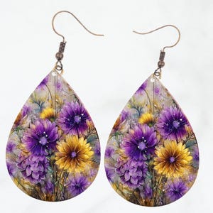 Purple Flowers & SunflowerTear Drop Earring PNG For Sublimation Download Teardrop Earring Template PNG Floral Earrings File Download