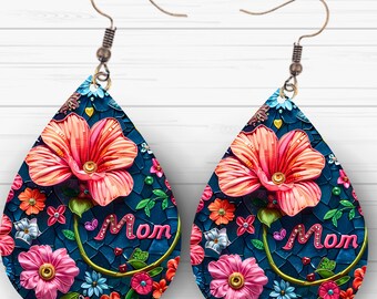 3D Mom FloralTeardrop Earring Sublimation PNG Template Instant Download Diamond Gem Flowers Botanical Teardrop Earrings Mother's Day Earing