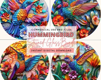 Hummingbird 3D Stained Glass Round Sublimation PNG Design Bundle I Instant Digital Download I Humming Bird Stained-glass Art Work