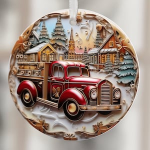 Old Firetruck Ornament PNG 3D Christmas PNG Personalized For Sublimation Photo Ornaments PNG Circle Template File Digital Download Clipart