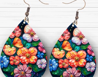 3D Floral Teardrop Earring Sublimation PNG Template Instant Download Diamond Gem Inflated Flower Design Botanical Teardrop Earrings