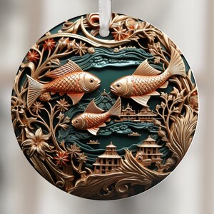 Puede incluir: Adorno redondo con un diseño en relieve detallado. El adorno presenta tres peces dorados, follaje dorado ornamentado y edificios estilizados sobre un fondo verde azulado. Se adjunta una cinta blanca para colgar.