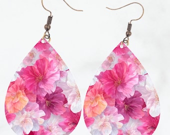 Pink White 3D Pressed Flowers Teardrop Earings PNG Tear drop Design Jewellery Template Digital Download Sublimation Bridal Earring Design