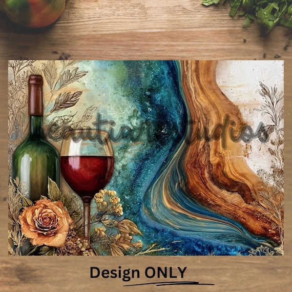 Wine Sublimation Cutting Board PNG Design Download File, Wine PNG Kitchen Glass Sublimate Cutting Board Design Digital File Faux Epoxy Wood