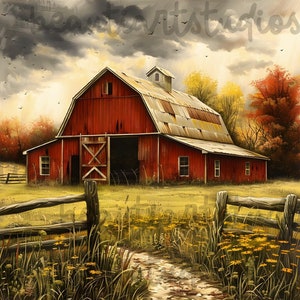 May include: A vibrant painting of a red barn with a weathered metal roof, set against a backdrop of autumn foliage and a cloudy sky. A wooden fence and a path lined with wildflowers lead to the barn, creating a rustic, rural scene.