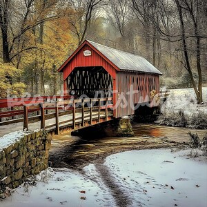 May include: A picturesque red covered bridge over a stream, set in a winter landscape. The bridge has a wooden structure and a red roof. The scene includes trees with autumn leaves and snow, creating a tranquil, seasonal view.