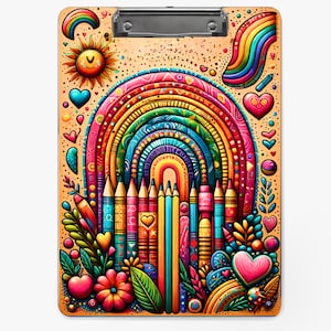 3D Inflated Rainbow Clipboard With Pencil Sun Heart For Name Sublimation Design PNG Digital Download Files For Sublimate 9.1W by 12.6H File