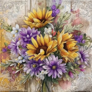 Lila Blumen und Sonnenblumen Busch Png Sublimation digitales Design Download Kranz Zeichen Windspiel Brettbild Westernbild