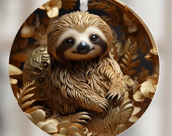3D Sloth Ornament Christmas PNG Cat Ornament In Memory of Personalized For Sublimation Photo Ornaments PNG Circle Template File Download