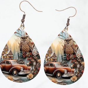 Tear drop Earrings PNG 3D Christmas Earrings Sublimation Designs Instant Digital Download Teardrop Earring PNG Winter Car Scene Template