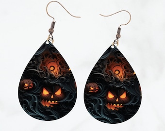 Gruselige Kürbis Teardrop Ohrringe PNG, Halloween Sublimationsdesign (Digitaler Download)