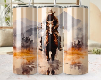 Cowboy Riding Horse In A Valley Tumbler Wrap 20oz Skinny Tumbler Sublimation Design Straight & Tapered Tumbler Wrap Instant Digital Download