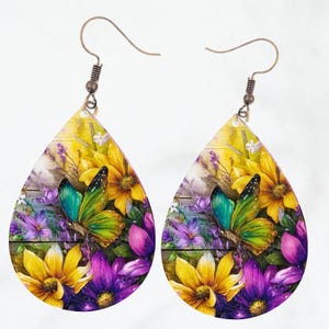 Butterfly Flowers Tear Drop Earring PNG For Sublimation Download Teardrop Earring Template PNG Floral Earrings File Download
