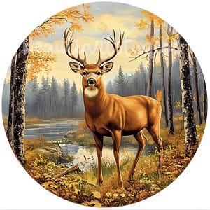 May include: A brown and white deer stands in a forest clearing with a stream in the background. The deer has large antlers and is looking directly at the viewer. The forest is filled with fall foliage in shades of yellow, orange, and red.