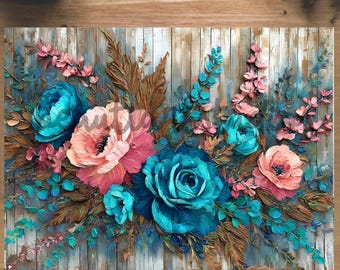 May include: A floral design featuring large, textured roses in shades of teal, pink, and coral, set against a weathered wooden background. The artwork includes the text "Design ONLY" at the bottom.