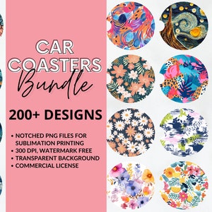 200+ Car Coasters Sublimation Design Instant Digital Download PNG Bundle, Notched Coaster Designs, Commercial License 3D Summer Fun Coasters