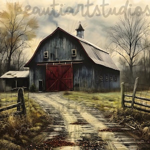 May include: A weathered gray barn with a red door and a red roof stands in a field with a dirt road leading to it. The barn has a small cupola on top and is surrounded by trees and tall grass.