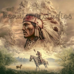 Peut inclure: Un homme amérindien portant une coiffe traditionnelle avec des plumes, regardant sur le côté. Il est entouré de nuages et d'un paysage avec un cheval et un cavalier au loin.