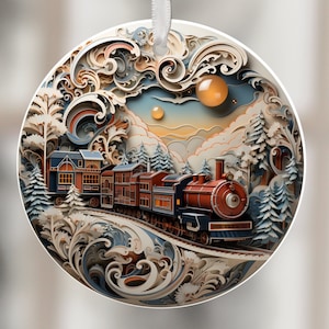 3D Train Christmas Ornament PNG Ornaments Christmas Round Ornament PNG For Sublimation Designs Xmas Tree Decorations Digital Download File