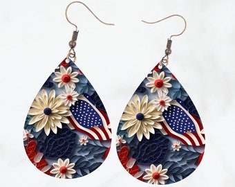 3D July 4th USA Flag Floral Tear Drop Earring Sublimation Design PNG Instant Download, Memorial Day, Independence Gift for mom patriot gifts