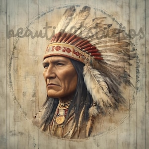 Puede incluir: Un retrato de un hombre nativo americano con un tocado tradicional con plumas y cuentas. El fondo es una textura de madera rústica.