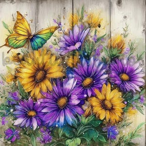 Lila Blumen und Sonnenblumen Busch Png Sublimation digitales Design Download Kranz Zeichen Windspiel Brettbild Westernbild