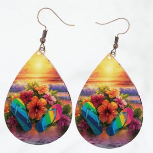 Summer Beach Flowers Tear Drop Earring PNG For Sublimation Download Teardrop Earring Template PNG Floral Earrings File Download