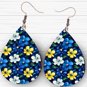 Blue White Yellow Flowers Tear Drop Earring PNG Sublimation Download Teardrop Earing Template Floral Moma Earrings File Download