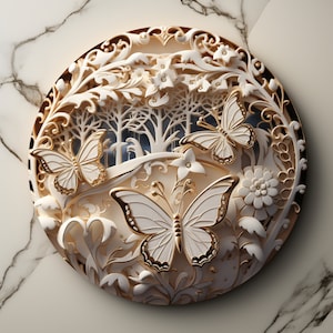 3D Butterfly Coaster PNG Round Design Printable Graphic Template Circle Coasters Sublimation Clipart Digital Download Pattern White & Gold