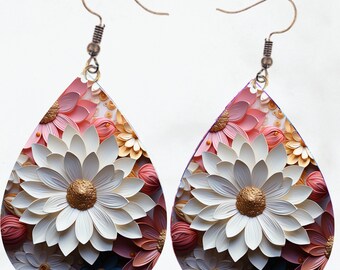 3D madeliefjes Tear Drop Oorbellen PNG sublimatie ontwerpen Instant Digitale Download Teardrop Earring PNG sjabloonbestand Sublimeren Dasiy bloemen