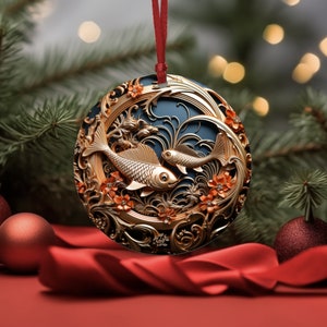 Puede incluir: Adorno navideño redondo, dorado, con un diseño en relieve detallado de dos peces koi nadando entre acentos florales. El adorno cuelga de una cinta roja sobre un fondo de árbol de Navidad y cinta roja.